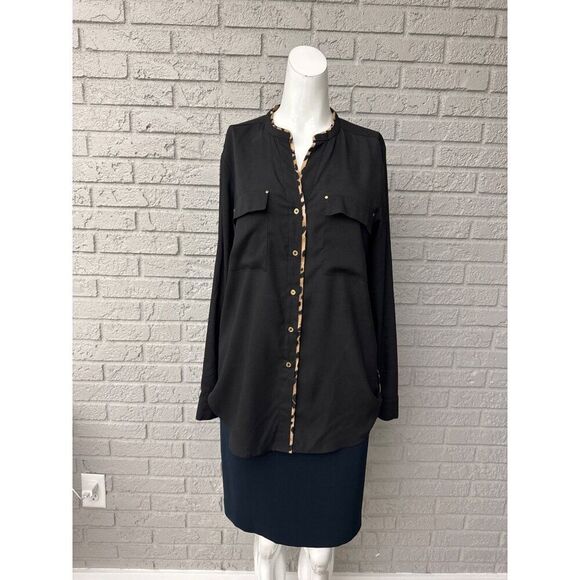 Calvin Klein Women Black with Animal Trim Roll Tab Button Front Button Shirt M - Picture 1 of 10